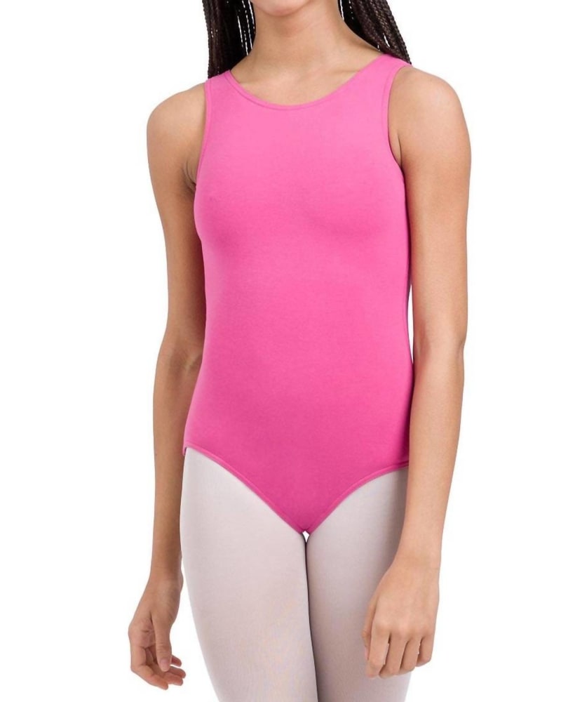 Front of a model wearing a size L Adult Camisole Leotard With Adjustable Straps in Candy Pink in Candy Pink by Capezio. | dia_product_style_image_id:346495